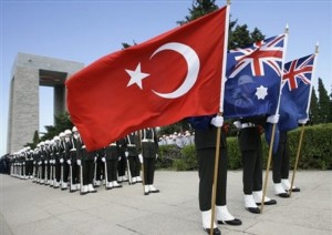 Turkish soldiers, holding national flags of Turkey, Australia and New Zealand, stand guard during the Anzac Day ceremonies at the Turkish memorial in Gallipoli, northwestern Turkey, Thursday, April 24, 2008. The annual Anzac Day ceremonies remember the forces of the Australian and New Zealand Army Corps under British command who fought a bloody nine-month battle against Turkish forces on the Gallipoli peninsula in 1915. (AP Photo/Ibrahim Usta)