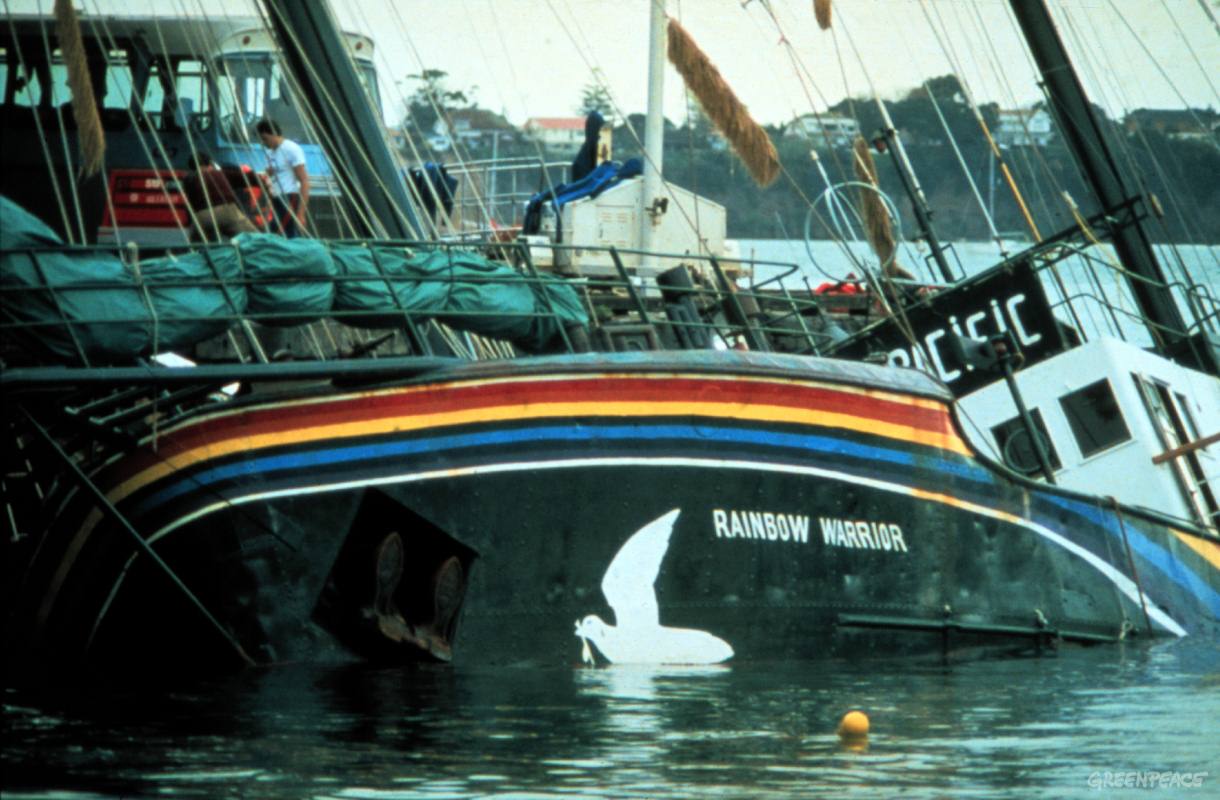 Rainbow Warrior in Auckland Harbour after bombing by French secret service agents. (Annual review 1993-1994 page 2) Accession #: 0.85.072.001.01
