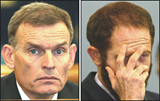 1507NZHBPCOURT6 Eli Cara, left, with Urie Zoshie Kelman, right, the two Isralei men charged passport offences, during sentencing at the Auckland High Court. 15 JULY 2004. DIGITAL PHOTOGRAPH BY : BRETT PHIBBS/THE NEW ZEALAND HERALD.