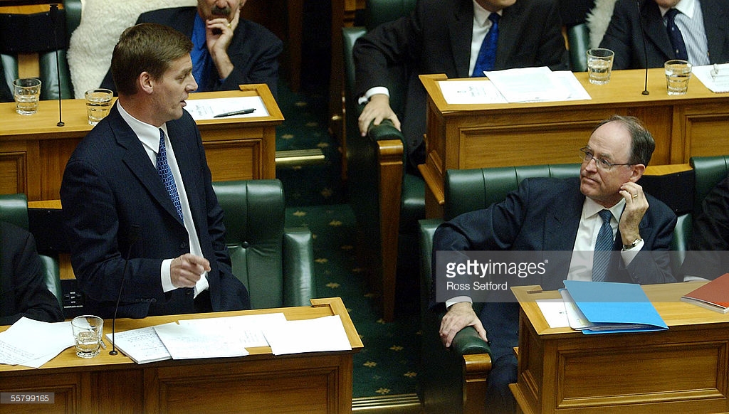FPR79959/WELLINGTON NEW ZEALAND/May15/Opposition leader Bill English listened to by Don Brash as he replies to the Minister of Finance Michael Cullen's 2003 budget at Parliament, Wellington, Thursday. ©FOTOPRESS/Ross Setford...MANDATORY CREDIT...2003